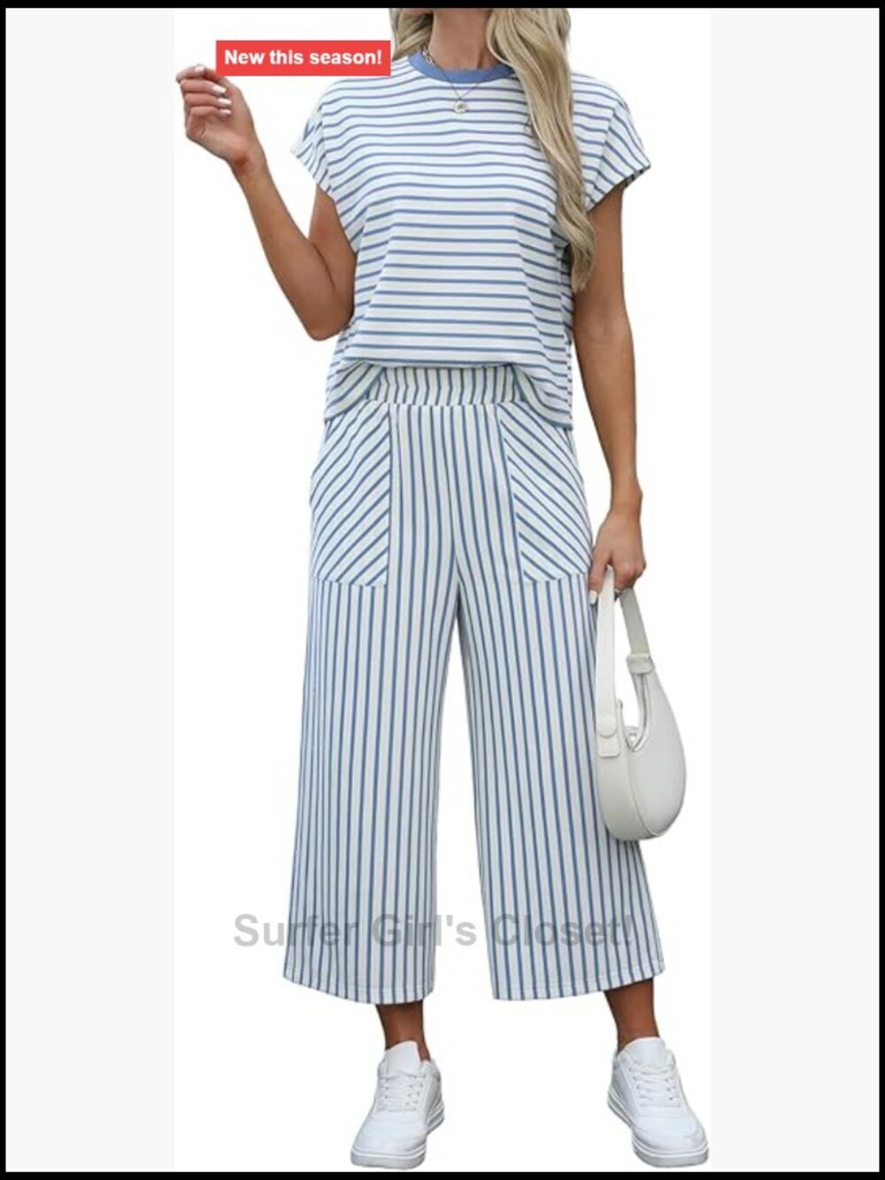 Womens 2 Piece Capri Set Striped Wide Leg Pants with Pockets Summer Lounge